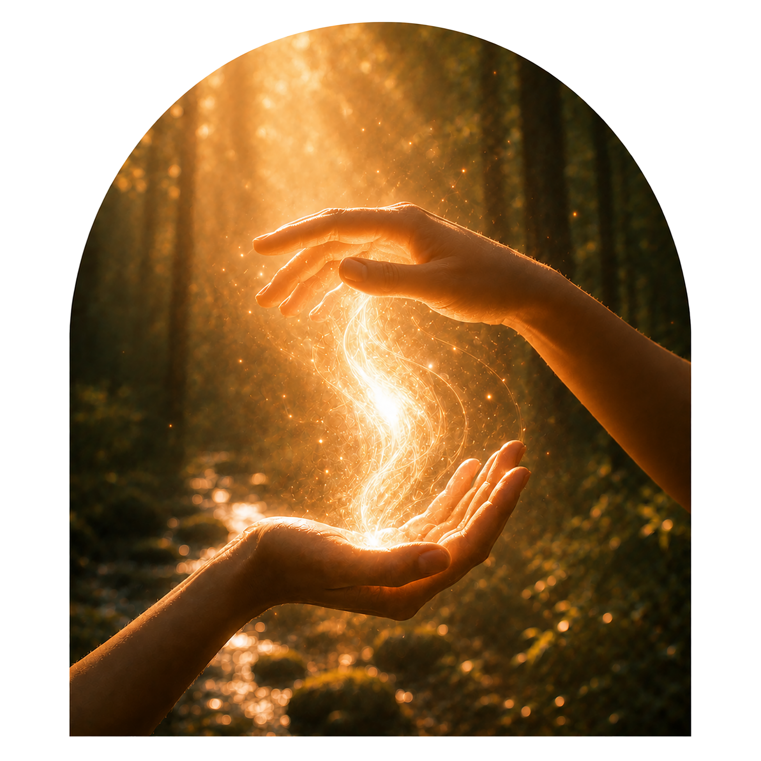 Mains entourant une lumière dorée symbolisant la circulation énergétique