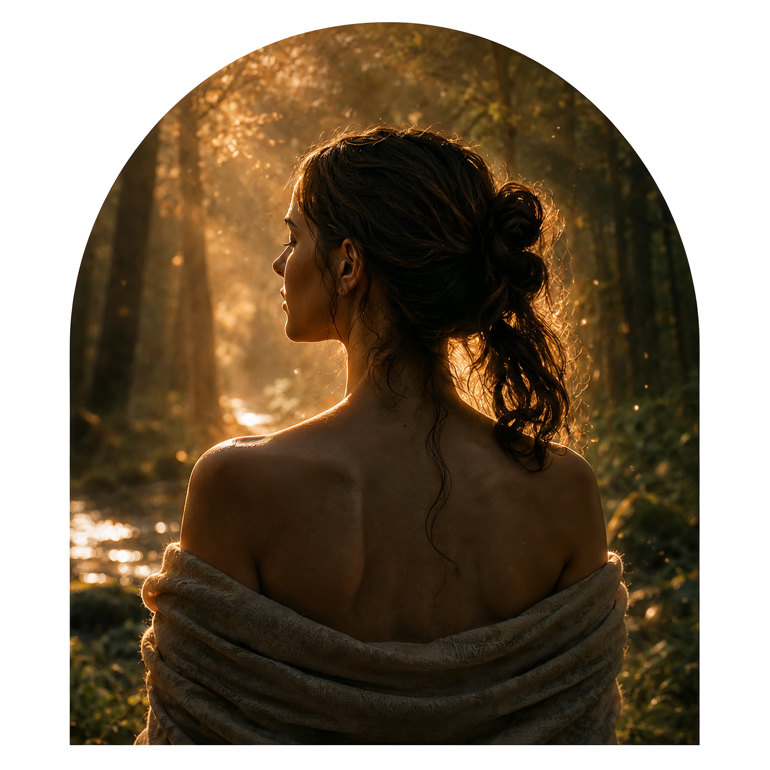 Silhouette féminine de dos en forêt pour la porte du corps
