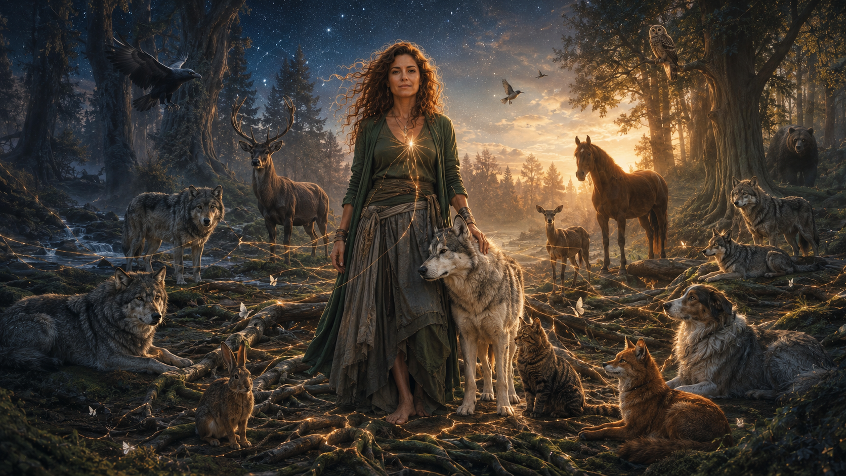 Anna, créatrice d’Au cœur de la Louve, entourée de Maya, de loups et d’animaux dans une forêt à l’aube