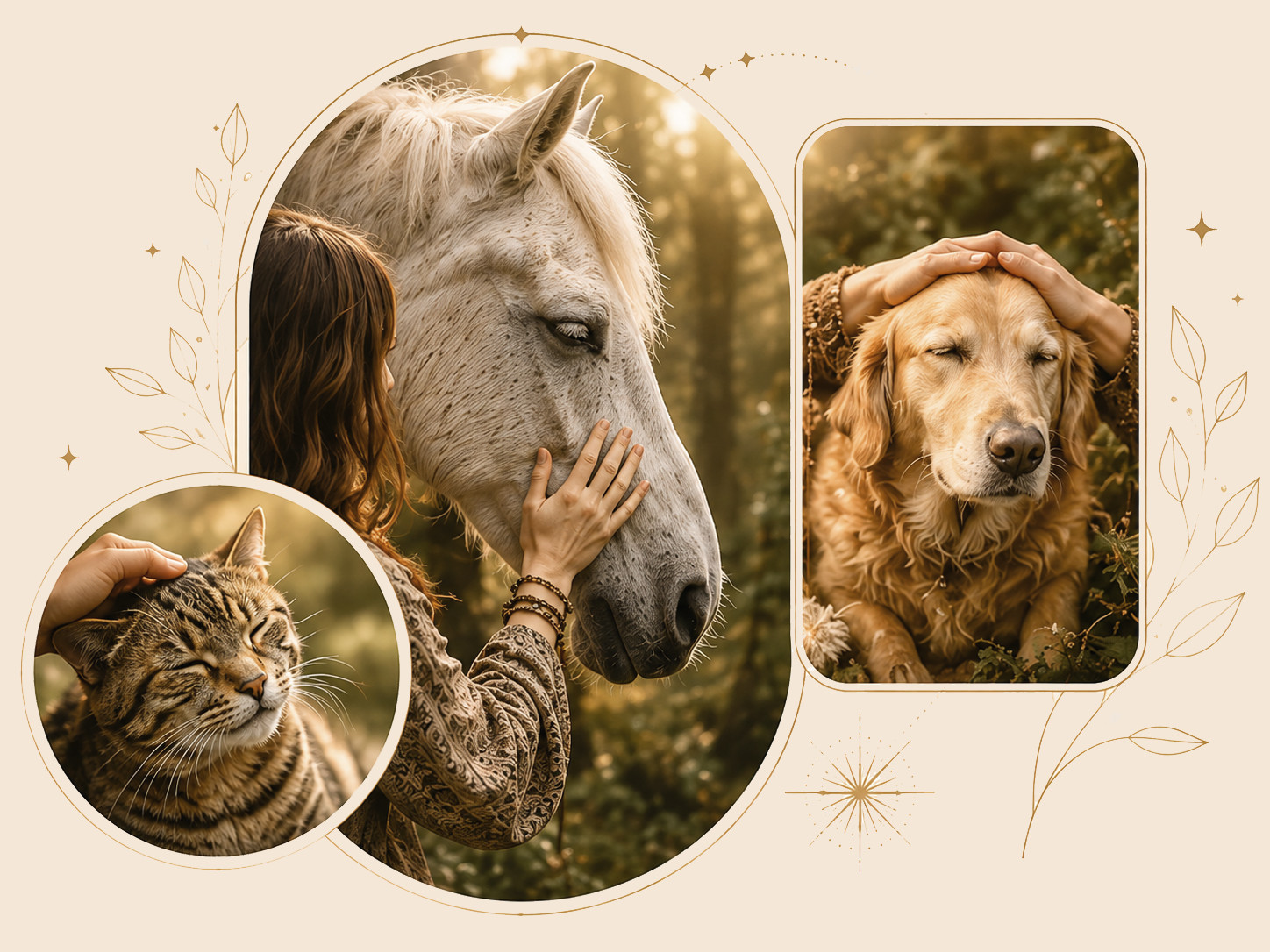 Illustration des soins énergétiques animaux avec cheval chien et chat accompagnés avec douceur